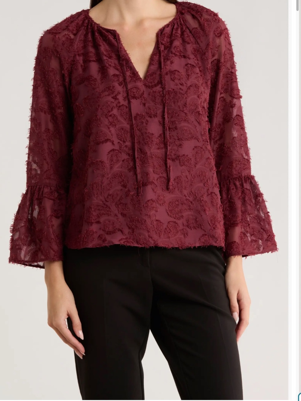 Nordstrom Burgundy Floral-Texture Chiffon Blouse